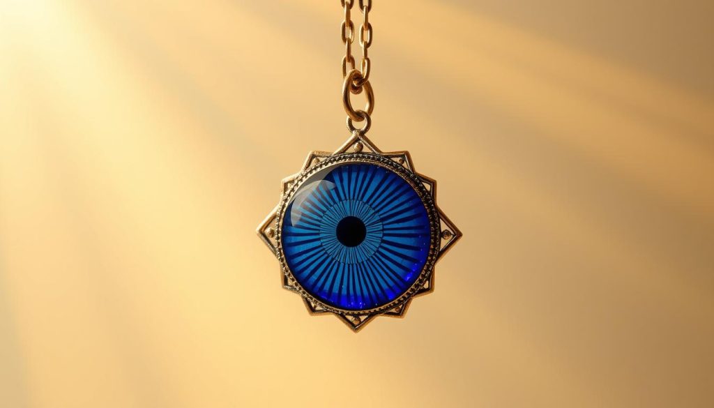 A delicately crafted, intricate evil eye pendant, suspended against a soft, hazy background. The eye is rendered with meticulous detail, its deep blue hue and radiating lines conveying a sense of mystical power and protection. Beams of warm, golden light filter through, casting a gentle, ethereal glow that envelops the pendant, imbuing it with a sense of tranquility and luminance. The composition is balanced, the eye positioned centrally, commanding attention yet exuding a calming, reassuring presence. This image evokes the ideas of thoughtful gifting, luck, and love - a talisman of safekeeping and goodwill. A delicately crafted, intricate evil eye pendant, suspended against a soft, hazy background. The eye is rendered with meticulous detail, its deep blue hue and radiating lines conveying a sense of mystical power and protection. Beams of warm, golden light filter through, casting a gentle, ethereal glow that envelops the pendant, imbuing it with a sense of tranquility and luminance. The composition is balanced, the eye positioned centrally, commanding attention yet exuding a calming, reassuring presence. This image evokes the ideas of thoughtful gifting, luck, and love - a talisman of safekeeping and goodwill.