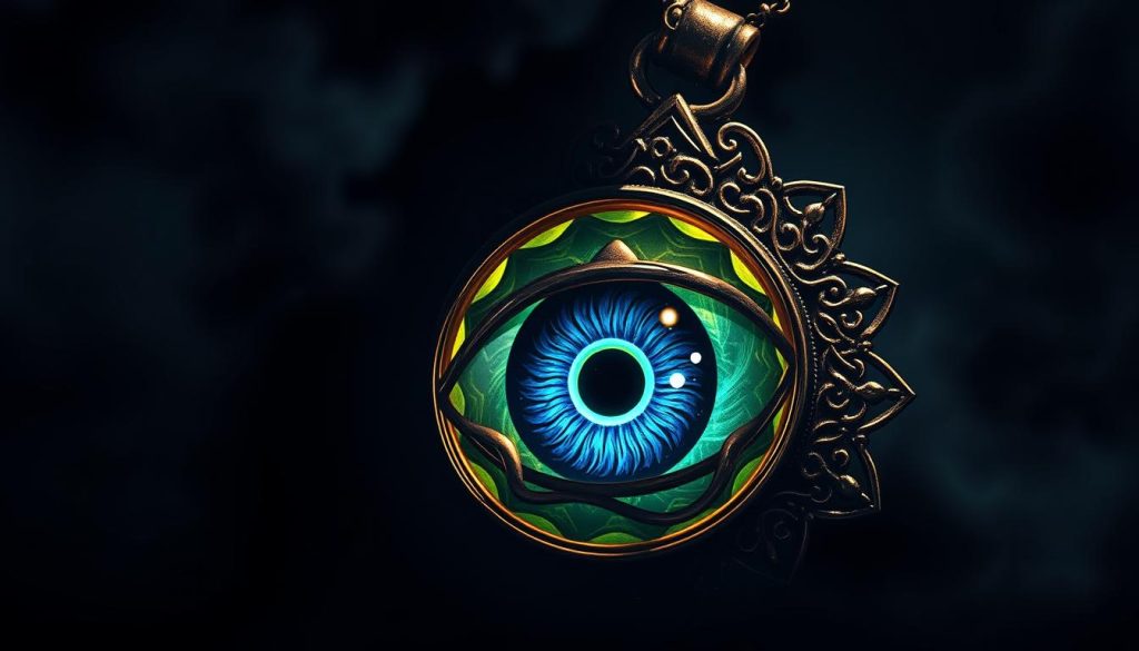 A detailed, dark illustration of an "evil eye" amulet, glowing with a menacing supernatural energy. The foreground features the intricate design of the eye, with vibrant blues, greens, and golds swirling within the pupil, conveying a sense of malevolence and foreboding. The middle ground showcases the amulet's ornate, filigree-adorned frame, casting ominous shadows. The background is shrouded in a hazy, atmospheric darkness, heightening the sense of unease and the protective power of the object. Dramatic side lighting casts dramatic shadows, enhancing the ominous, mystical mood. The overall composition and style evoke a sense of ancient, occult power that can ward off envy and harm. A detailed, dark illustration of an "evil eye" amulet, glowing with a menacing supernatural energy. The foreground features the intricate design of the eye, with vibrant blues, greens, and golds swirling within the pupil, conveying a sense of malevolence and foreboding. The middle ground showcases the amulet's ornate, filigree-adorned frame, casting ominous shadows. The background is shrouded in a hazy, atmospheric darkness, heightening the sense of unease and the protective power of the object. Dramatic side lighting casts dramatic shadows, enhancing the ominous, mystical mood. The overall composition and style evoke a sense of ancient, occult power that can ward off envy and harm.