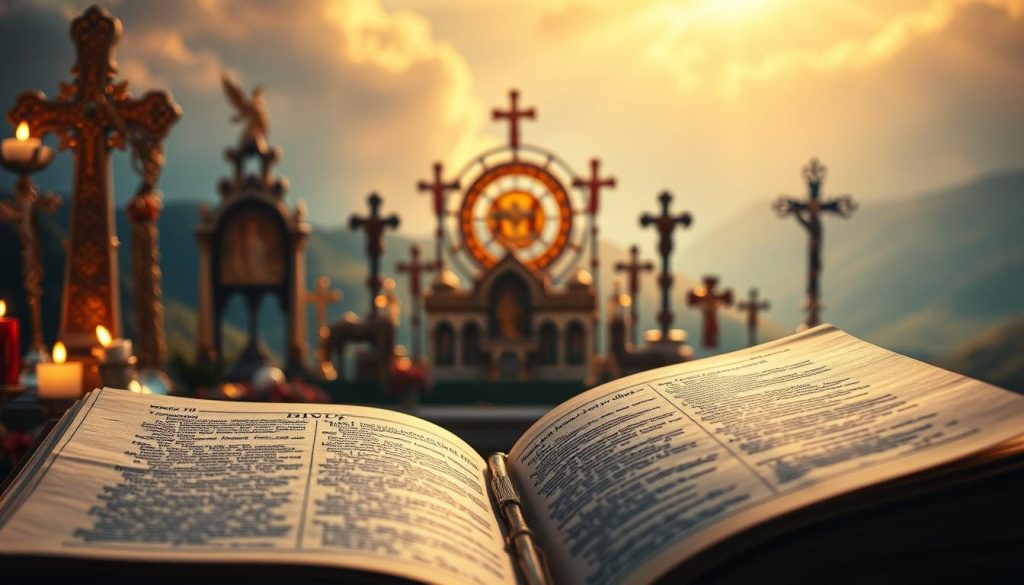 A detailed, faith-filled scene of scripture protection. In the foreground, open holy scriptures glow with divine light, pages rustling as if alive with spiritual power. In the middle ground, intricate religious iconography and symbols - crosses, rosaries, icons - forming a protective barrier against unseen forces. The background fades into a serene, ethereal landscape bathed in a warm, heavenly glow, evoking a sense of divine presence and sacred refuge. Crisp, high-resolution details throughout, with a cinematic, dramatic lighting that heightens the reverent, otherworldly atmosphere.