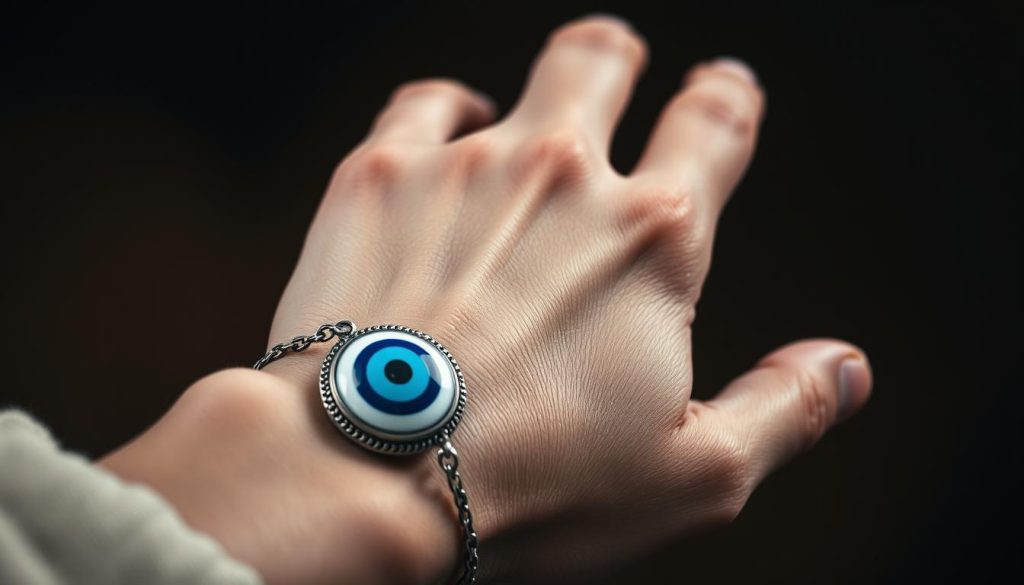 A detailed, high-resolution close-up of a human hand wearing a traditional evil eye bracelet or amulet on the wrist. The hand is positioned in a thoughtful, contemplative pose, the fingers slightly curled inward. The bracelet is made of intricate metalwork, with the iconic blue and white eye symbol prominently displayed. The lighting is soft and flattering, accentuating the texture of the skin and the details of the jewelry. The background is blurred, placing the focus entirely on the hand and the eye amulet. The overall mood is one of symbolic significance and personal introspection.
