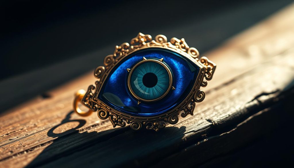 A detailed, intricate evil eye amulet rests on a dark, weathered wooden surface. The amulet is a striking shade of deep blue, with a piercing gaze in the center, surrounded by delicate gold filigree patterns. Soft, warm lighting from the side casts shadows that accentuate the three-dimensional details, giving the amulet a mystical, almost otherworldly presence. The background is a moody, indistinct setting, allowing the eye to focus solely on the powerful and captivating amulet. The overall atmosphere evokes a sense of ancient tradition, cultural significance, and the enduring power of this timeless talisman. A detailed, intricate evil eye amulet rests on a dark, weathered wooden surface. The amulet is a striking shade of deep blue, with a piercing gaze in the center, surrounded by delicate gold filigree patterns. Soft, warm lighting from the side casts shadows that accentuate the three-dimensional details, giving the amulet a mystical, almost otherworldly presence. The background is a moody, indistinct setting, allowing the eye to focus solely on the powerful and captivating amulet. The overall atmosphere evokes a sense of ancient tradition, cultural significance, and the enduring power of this timeless talisman.