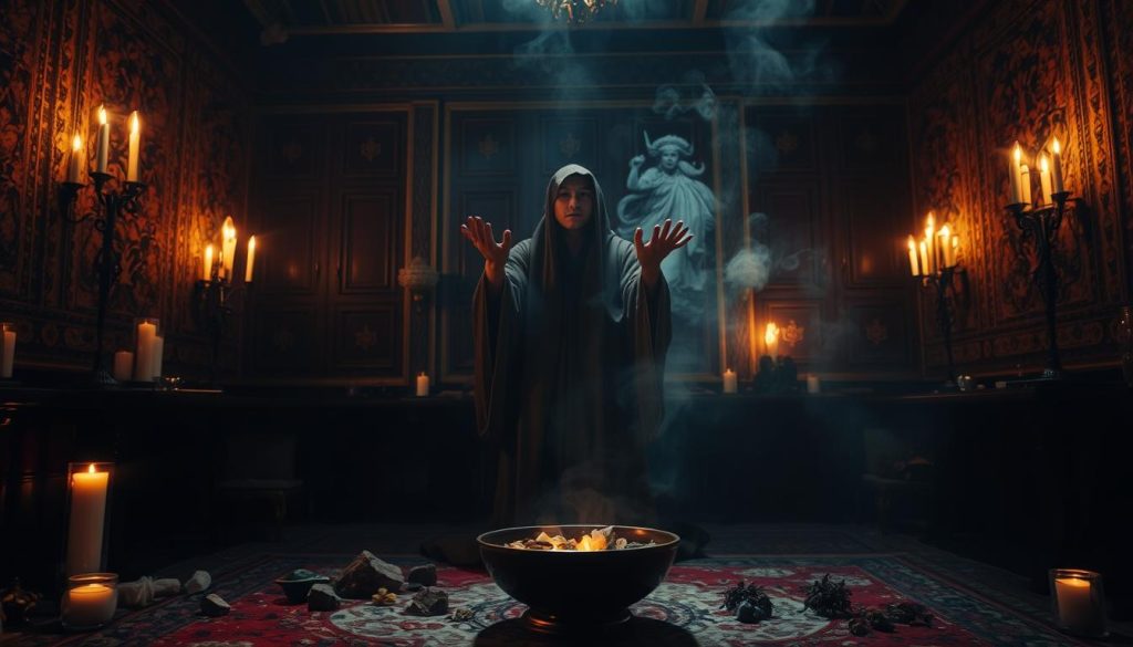 A dimly lit ritual chamber, its walls adorned with intricate tapestries and candles casting a warm, flickering glow. In the center, a figure dressed in flowing robes performs a cleansing ceremony, hands outstretched as they manipulate crystals and herbs, channeling ancient energies to dispel the evil eye. A haze of incense fills the air, creating an atmospheric and mystical ambiance. In the foreground, a bowl of water and various ritual objects sit on a low table, while the background is shrouded in shadow, lending a sense of mystery and the unknown. A dimly lit ritual chamber, its walls adorned with intricate tapestries and candles casting a warm, flickering glow. In the center, a figure dressed in flowing robes performs a cleansing ceremony, hands outstretched as they manipulate crystals and herbs, channeling ancient energies to dispel the evil eye. A haze of incense fills the air, creating an atmospheric and mystical ambiance. In the foreground, a bowl of water and various ritual objects sit on a low table, while the background is shrouded in shadow, lending a sense of mystery and the unknown.