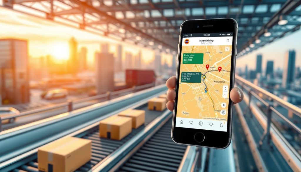 A dynamic, photorealistic image of a shipping and delivery tracking system. In the foreground, a smartphone display showcases a parcel's real-time location on a map, with delivery status updates. The middle ground features a sleek, modern logistics facility with packages moving along a conveyor belt. In the background, a bustling cityscape with high-rise buildings and transportation infrastructure sets the scene. The lighting is warm and inviting, creating a sense of efficiency and reliability. The composition emphasizes the convenience and transparency of the delivery process, reflecting the section's emphasis on "Fast shipping, easy returns, trusted support".