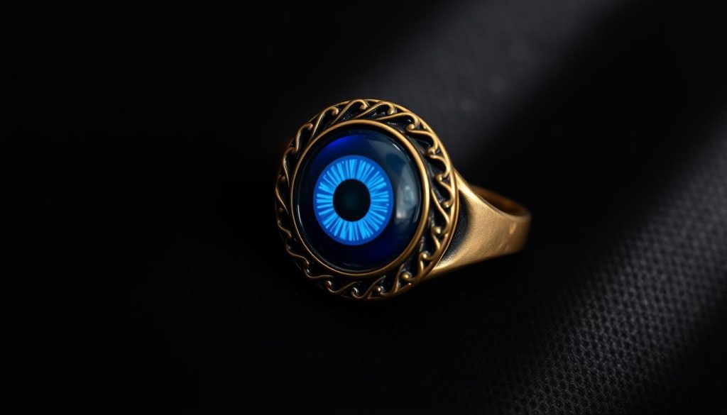 A gleaming, adjustable evil eye ring resting on a dark, velvety surface. The centerpiece is a striking, deep blue eye design, ringed with intricate metalwork in a warm, antique brass tone. The eye is rendered with photorealistic detail, the pupil and iris standing out with mesmerizing clarity. The ring's band is wide and easily adjustable, with a smooth, minimalist profile that complements the bold eye motif. Soft, directional lighting casts dramatic shadows, adding depth and dimension to the composition. The overall mood is one of mystique and protection, the evil eye talisman imbued with a sense of power and allure.