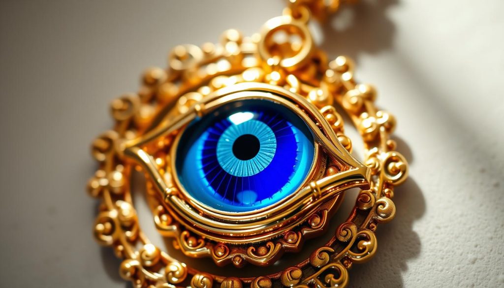 A gleaming, golden-hued evil eye charm, its intricate design shimmering with light. The eye's piercing gaze, rendered in shades of vibrant blue and deep indigo, radiates an otherworldly power. Nestled within a detailed, ornate frame, the charm exudes an aura of ancient mysticism. Ornamental flourishes, inspired by Greco-Roman and Middle Eastern motifs, adorn the edges, creating a sense of timeless elegance. Soft, diffused lighting casts gentle shadows, accentuating the charm's three-dimensional form and lending it an air of depth and complexity. The overall composition evokes a sense of the charm's deep historical roots, a tangible link to the beliefs and superstitions that have shaped human cultures for millennia. A gleaming, golden-hued evil eye charm, its intricate design shimmering with light. The eye's piercing gaze, rendered in shades of vibrant blue and deep indigo, radiates an otherworldly power. Nestled within a detailed, ornate frame, the charm exudes an aura of ancient mysticism. Ornamental flourishes, inspired by Greco-Roman and Middle Eastern motifs, adorn the edges, creating a sense of timeless elegance. Soft, diffused lighting casts gentle shadows, accentuating the charm's three-dimensional form and lending it an air of depth and complexity. The overall composition evokes a sense of the charm's deep historical roots, a tangible link to the beliefs and superstitions that have shaped human cultures for millennia.