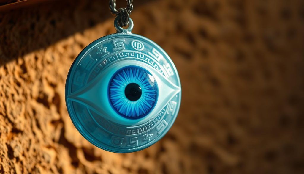A gleaming, intricately carved Greek evil eye pendant hanging against a backdrop of warm, earthy tones. The eye is rendered in shades of blue and white, with a hypnotic, ethereal glow. The pendant's surface is textured with intricate patterns and symbols, radiating an aura of mysticism and ancient power. Soft, directional lighting highlights the dimensional quality of the carving, casting dramatic shadows that add depth and dimension. The composition is framed by a subtle, natural setting, evoking the timeless allure of Greek tradition and the modern appeal of this timeless talisman. A gleaming, intricately carved Greek evil eye pendant hanging against a backdrop of warm, earthy tones. The eye is rendered in shades of blue and white, with a hypnotic, ethereal glow. The pendant's surface is textured with intricate patterns and symbols, radiating an aura of mysticism and ancient power. Soft, directional lighting highlights the dimensional quality of the carving, casting dramatic shadows that add depth and dimension. The composition is framed by a subtle, natural setting, evoking the timeless allure of Greek tradition and the modern appeal of this timeless talisman.