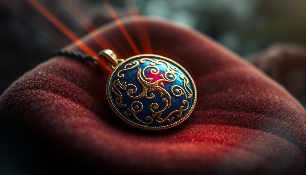 A glowing, hand-crafted amulet resting on a plush, velvet surface. The charm is adorned with intricate, swirling patterns in shimmering gold and rich, deep blue. Beams of warm, ambient light cascade over the talisman, casting a gentle, protective glow. The composition is framed by a softly blurred, atmospheric background, creating a sense of mysticism and enchantment. The overall mood is one of ancient wisdom, inviting the viewer to feel the power and significance of this sacred object. A glowing, hand-crafted amulet resting on a plush, velvet surface. The charm is adorned with intricate, swirling patterns in shimmering gold and rich, deep blue. Beams of warm, ambient light cascade over the talisman, casting a gentle, protective glow. The composition is framed by a softly blurred, atmospheric background, creating a sense of mysticism and enchantment. The overall mood is one of ancient wisdom, inviting the viewer to feel the power and significance of this sacred object.