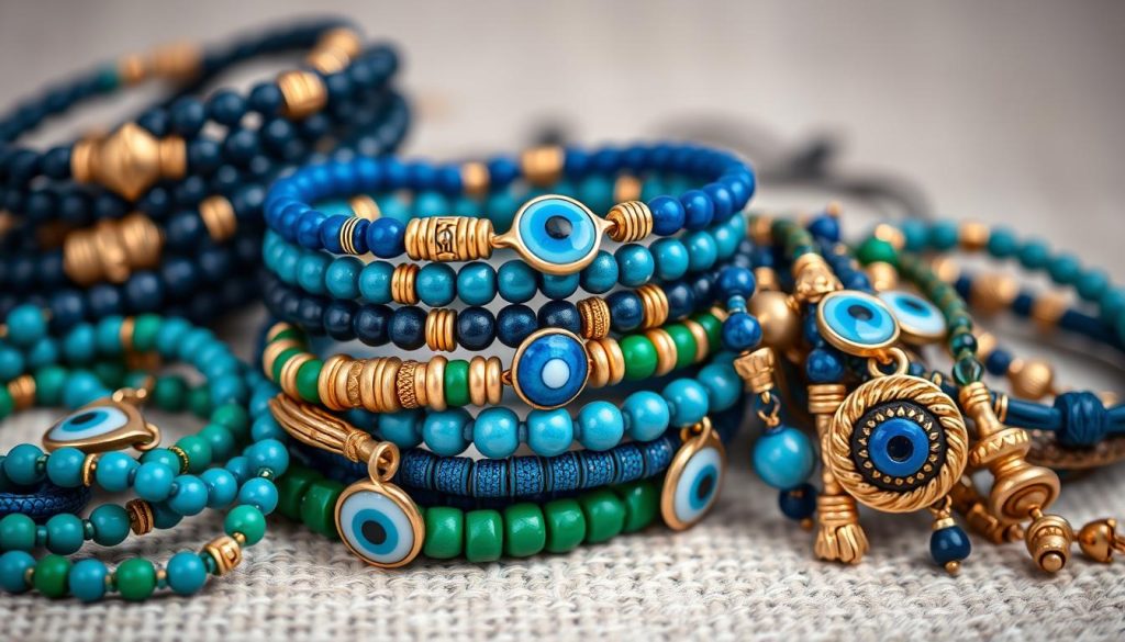 A high-quality closeup photograph of a diverse arrangement of intricately beaded and braided bracelets in shades of blue, green, and gold, featuring prominent evil eye motifs. The bracelets are stacked and layered on a neutral, textured background, creating a visually striking composition that captures the cultural significance and everyday wearability of the evil eye symbol. The lighting is soft and diffused, emphasizing the intricate details and textures of the jewelry. The focus is sharp, and the depth of field is shallow, drawing the viewer's attention to the central stack of bracelets. The overall mood is one of elegance, cultural heritage, and personal expression. A high-quality closeup photograph of a diverse arrangement of intricately beaded and braided bracelets in shades of blue, green, and gold, featuring prominent evil eye motifs. The bracelets are stacked and layered on a neutral, textured background, creating a visually striking composition that captures the cultural significance and everyday wearability of the evil eye symbol. The lighting is soft and diffused, emphasizing the intricate details and textures of the jewelry. The focus is sharp, and the depth of field is shallow, drawing the viewer's attention to the central stack of bracelets. The overall mood is one of elegance, cultural heritage, and personal expression.