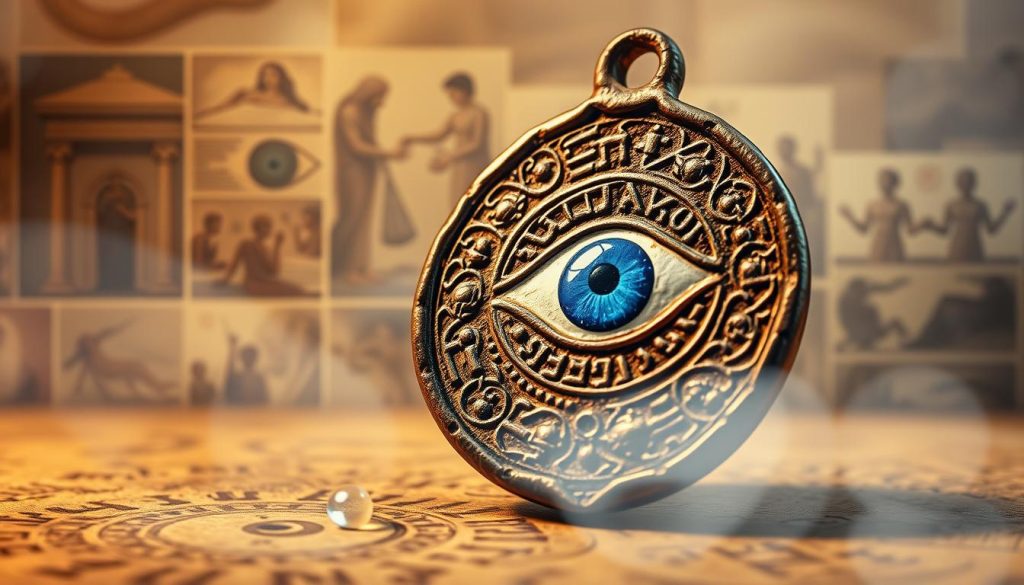 A historical montage depicting the origins and evolution of the iconic evil eye symbol. In the foreground, an ancient amulet or talisman with the distinctive blue eye motif, surrounded by ornate patterns and symbols. In the middle ground, a collage of scenes showcasing the evil eye's prevalence in diverse cultures, from ancient Mesopotamian civilizations to modern Mediterranean traditions. In the background, a hazy, ethereal atmosphere evokes the timeless, mystical quality of this enduring protective symbol. Soft, warm lighting casts an inviting, contemplative mood, inviting the viewer to explore the rich tapestry of the evil eye's history and significance.