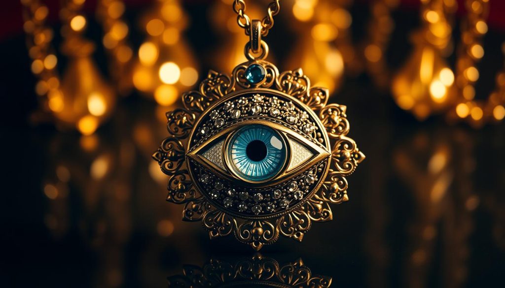 A lavishly ornate evil eye pendant, gleaming under warm studio lighting. The eye-shaped centerpiece, rendered in intricate metalwork, is surrounded by a halo of delicate filigree and sparkling gemstones. The pendant hangs gracefully on a fine chain, casting mesmerizing reflections. The overall composition exudes an air of mysticism and protection, capturing the essence of how the evil eye amulet is worn as a symbol of warding off negativity in the modern era. A lavishly ornate evil eye pendant, gleaming under warm studio lighting. The eye-shaped centerpiece, rendered in intricate metalwork, is surrounded by a halo of delicate filigree and sparkling gemstones. The pendant hangs gracefully on a fine chain, casting mesmerizing reflections. The overall composition exudes an air of mysticism and protection, capturing the essence of how the evil eye amulet is worn as a symbol of warding off negativity in the modern era.