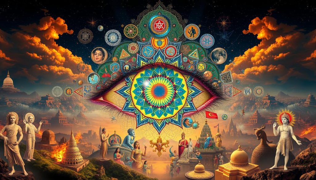 A majestic, panoramic view of a mystical "all-seeing eye" encapsulating diverse global cultures and beliefs. The eye's iris is a kaleidoscope of intricate iconography, symbols, and motifs from various world religions, traditions, and spiritual practices. In the foreground, a mesmerizing array of sacred geometries, celestial patterns, and ancient sigils converge to form the iris. The middle ground showcases vibrant, stylized depictions of deities, mythological creatures, and esoteric imagery from across the world, creating a visually captivating tapestry. The background features a sweeping landscape of sacred sites, ancient monuments, and natural wonders, all bathed in a warm, ethereal glow that imbues the scene with a sense of timeless wonder and mysticism. Dramatic, high-contrast lighting accentuates the depth and nuance of this all-encompassing, awe-inspiring "eye of the world." A majestic, panoramic view of a mystical "all-seeing eye" encapsulating diverse global cultures and beliefs. The eye's iris is a kaleidoscope of intricate iconography, symbols, and motifs from various world religions, traditions, and spiritual practices. In the foreground, a mesmerizing array of sacred geometries, celestial patterns, and ancient sigils converge to form the iris. The middle ground showcases vibrant, stylized depictions of deities, mythological creatures, and esoteric imagery from across the world, creating a visually captivating tapestry. The background features a sweeping landscape of sacred sites, ancient monuments, and natural wonders, all bathed in a warm, ethereal glow that imbues the scene with a sense of timeless wonder and mysticism. Dramatic, high-contrast lighting accentuates the depth and nuance of this all-encompassing, awe-inspiring "eye of the world."