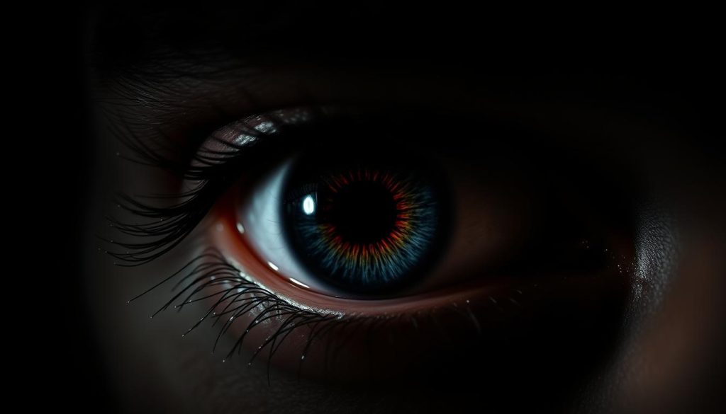 A malevolent eye, its iris a swirling vortex of darkness, glares ominously from a shadowy background. Wisps of sinister energy emanate from the pupil, casting an unsettling aura. The eye is framed by a brow that furrows with malice, while the sclera burns with an unnatural intensity. Subtle highlights and intricate details capture the ominous nature of this supernatural phenomenon. The lighting is dramatic, creating deep contrasts and dramatic shadows that heighten the sense of foreboding. The composition draws the viewer's gaze directly into the captivating yet disturbing focal point of the evil eye.