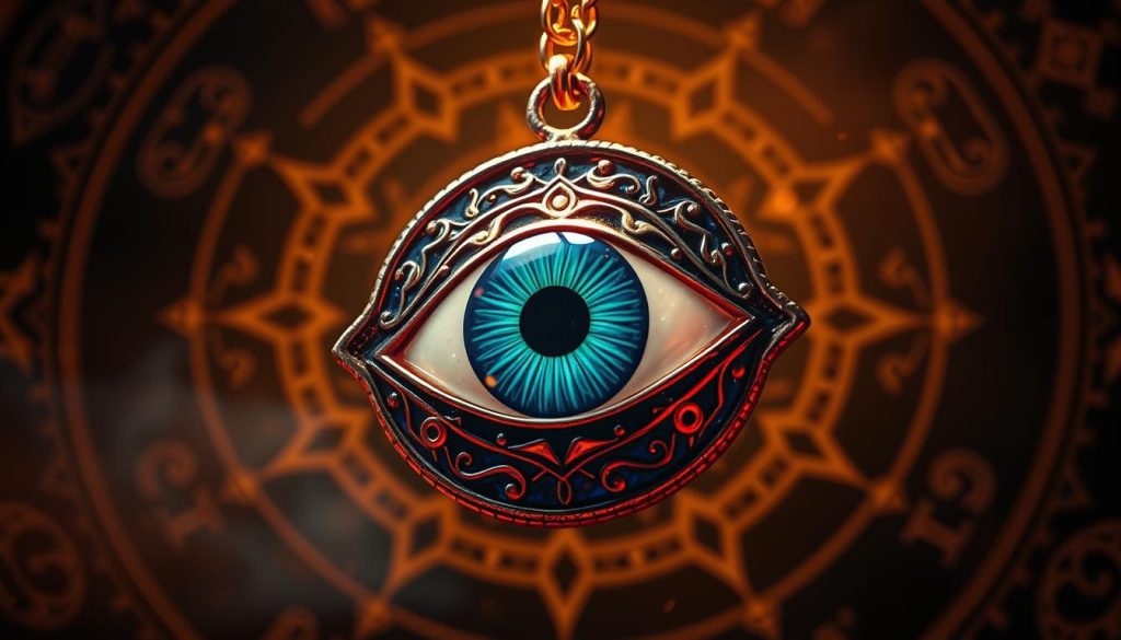 A mesmerizing evil eye amulet, crafted with intricate patterns and vibrant hues, levitating against a backdrop of mystic symbols and ethereal energy. The eye's intense, hypnotic gaze is captured in a close-up shot, illuminated by warm, golden light that casts dramatic shadows, creating a sense of depth and mystery. The overall composition conveys the powerful, protective essence of this ancient talisman, imbued with the ability to ward off malevolent forces and negative energies.