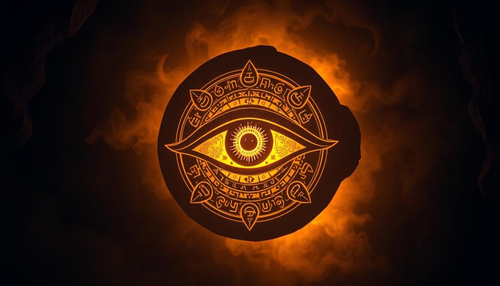 A mesmerizing eye symbol floating in a mystical, dimly-lit environment. The iris is ringed with intricate patterns and symbols, emanating an otherworldly, protective gaze. The eye is bathed in a warm, golden light, casting an ethereal glow. The background is shrouded in shadows, creating a sense of mystery and ancient power. The composition is balanced, with the eye positioned centrally, commanding attention. The overall mood is one of ancient wisdom, spiritual significance, and the enduring power of this symbolic motif. A mesmerizing eye symbol floating in a mystical, dimly-lit environment. The iris is ringed with intricate patterns and symbols, emanating an otherworldly, protective gaze. The eye is bathed in a warm, golden light, casting an ethereal glow. The background is shrouded in shadows, creating a sense of mystery and ancient power. The composition is balanced, with the eye positioned centrally, commanding attention. The overall mood is one of ancient wisdom, spiritual significance, and the enduring power of this symbolic motif.