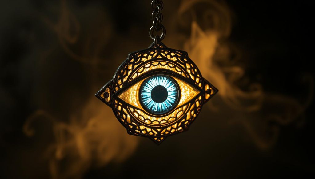 A mesmerizing, intricate evil eye pendant suspended against a dimly lit, mystical backdrop. The eye's iris glows with an otherworldly intensity, radiating an aura of power and ancient wisdom. The pendant is crafted with exquisite detail, featuring a layered design of concentric circles in shimmering golds, blues, and blacks. Shadows play across the surface, lending depth and movement to the captivating object. The background is hazy and dreamlike, with swirling clouds of mist or smoke that hint at the supernatural forces at work. Soft, dramatic lighting illuminates the eye, creating a sense of reverence and protective energy. The overall impression is one of timeless, cross-cultural significance, a symbol that transcends cultural boundaries and speaks to the human experience.