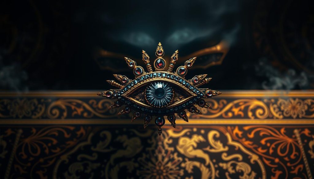 A mesmerizing, unsettling gaze peers from a rich, ornate background. In the foreground, an intricate, jewel-encrusted eye emblem floats, its golden rays emanating a sense of ancient power and mystique. The middle ground features ornate patterns and textures, hinting at a tapestry or ornamental surface. In the background, a shadowy, ethereal realm with subtle hints of arcane symbols and ethereal energy creates an atmosphere of mystery and the supernatural. Dramatic lighting casts dramatic shadows, heightening the brooding, contemplative mood. The overall effect is one of mesmerizing, yet unsettling, elegance and occult mysticism.