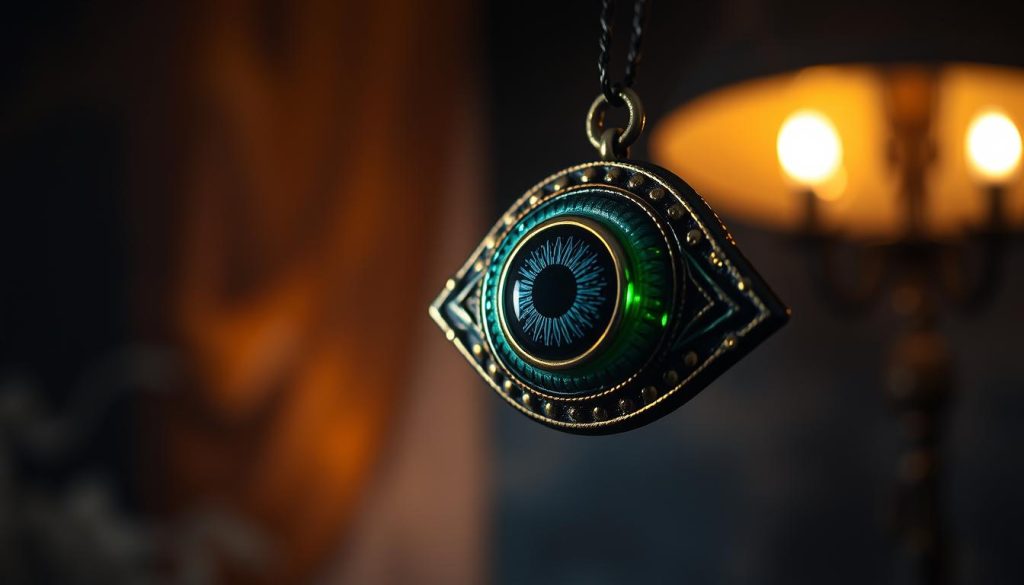 A mystical evil eye amulet, crafted with precision and care, levitates against a dimly lit, atmospheric backdrop. The intricate design features a hypnotizing, inky-black pupil, surrounded by concentric circles of deep blues, greens, and golds. Subtle glowing highlights accentuate the amulet's dimensional details, imbuing it with an otherworldly, protective energy. The lighting is warm and moody, casting dramatic shadows that heighten the amulet's mystical presence. Framed in a tight, close-up composition, the evil eye demands attention, its piercing gaze intended to ward off negative forces and safeguard the spaces it occupies.