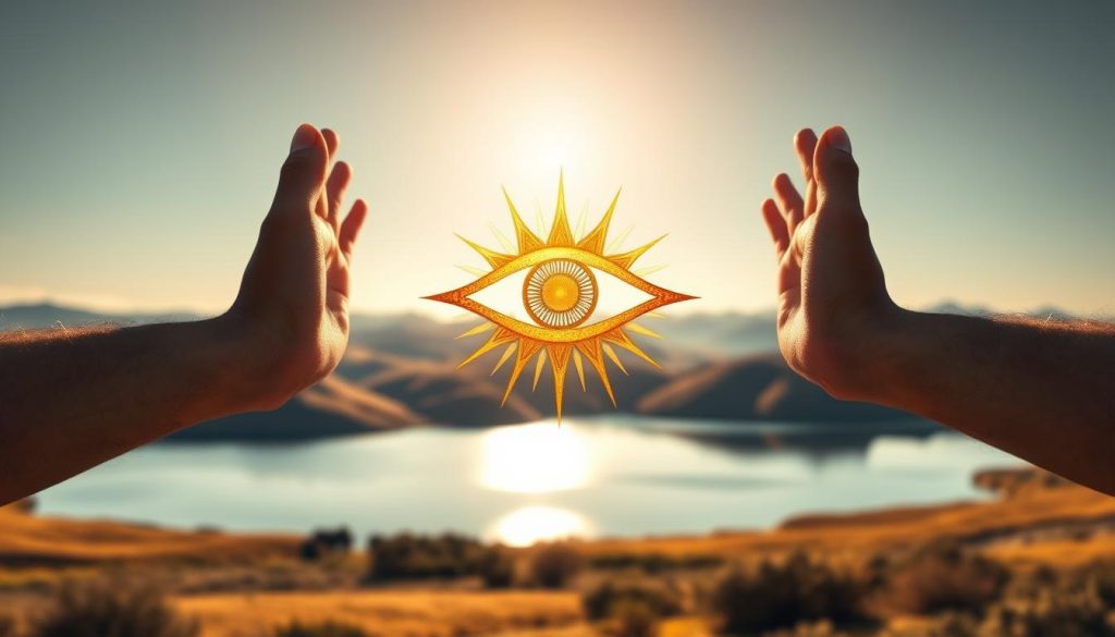 A mystical eye-shaped amulet, radiant with golden energy, hovers in the foreground, casting a protective gaze. In the middle ground, a serene landscape unfolds, with rolling hills and a tranquil lake reflecting the clear sky. Soft, warm light bathes the scene, creating a sense of calmness and security. In the background, a pair of outstretched hands, symbolizing intention and divine blessing, frame the composition. The overall atmosphere conveys a feeling of safeguard, spiritual connection, and the power of the ancient symbol to ward off negative forces. A mystical eye-shaped amulet, radiant with golden energy, hovers in the foreground, casting a protective gaze. In the middle ground, a serene landscape unfolds, with rolling hills and a tranquil lake reflecting the clear sky. Soft, warm light bathes the scene, creating a sense of calmness and security. In the background, a pair of outstretched hands, symbolizing intention and divine blessing, frame the composition. The overall atmosphere conveys a feeling of safeguard, spiritual connection, and the power of the ancient symbol to ward off negative forces.