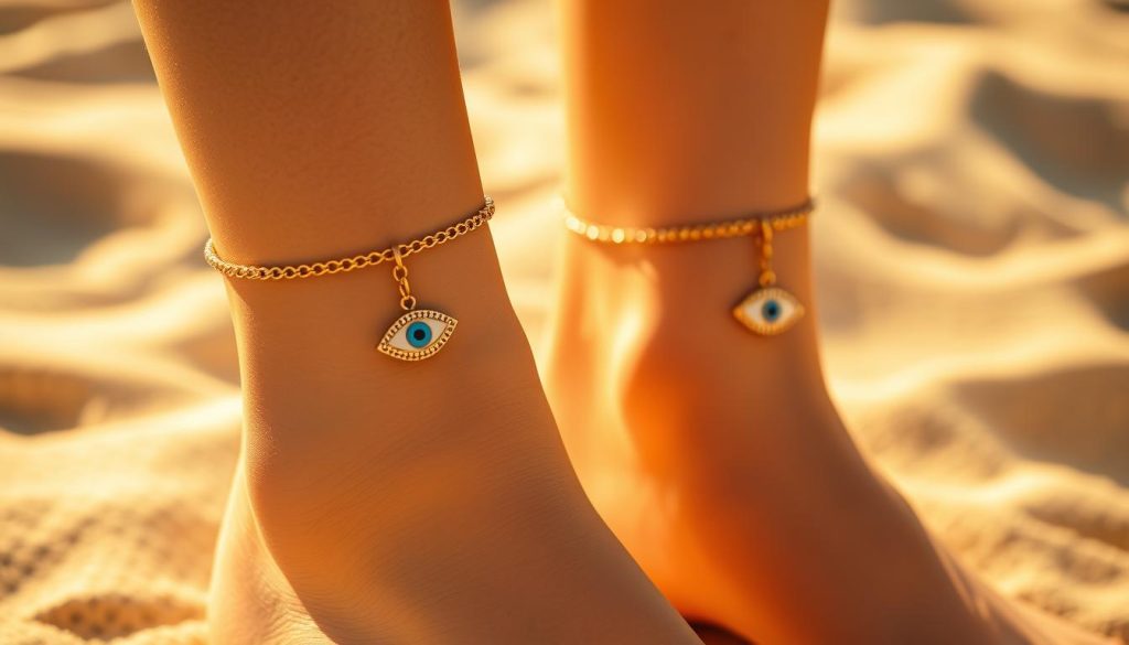 A pair of delicate anklets adorn slender ankles, each featuring a captivating evil eye motif. The anklets glimmer in the warm, golden light of a summer day, their intricate metalwork casting intricate shadows on the skin. The design blends traditional Middle Eastern influences with a modern, minimalist aesthetic, creating a luxurious and stylish accessory that radiates a sense of protection and good fortune. The anklets are the focal point, drawing the eye and framing the lower legs in a visually striking, yet subtly enchanting manner. The overall scene evokes a feeling of light, airy summer vibes, with the evil eye symbolism adding a touch of mysticism and spiritual resonance.