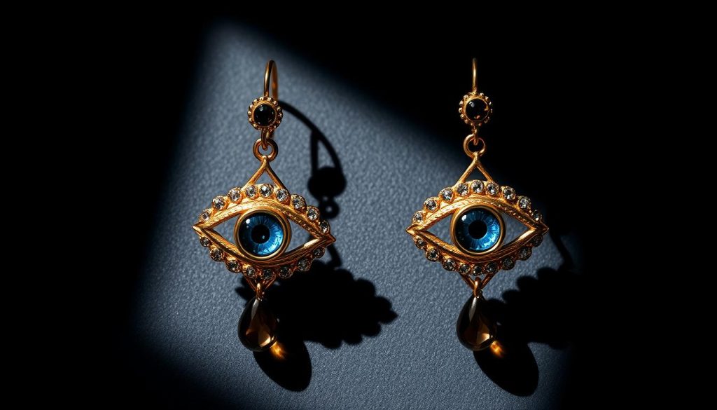 A pair of elegant evil eye earrings, crafted with intricate detail. The eye motif, rendered in shimmering gold and azure tones, is set against a backdrop of smoky quartz, emitting a mesmerizing glow. The earrings feature a hugging stud design, with a delicate drop silhouette that sways gently. Dramatic chiaroscuro lighting casts deep shadows, creating an air of mysticism and protection. The composition emphasizes the earrings' captivating presence, drawing the viewer's gaze to the symbols of warding off evil and bestowing good fortune. A pair of elegant evil eye earrings, crafted with intricate detail. The eye motif, rendered in shimmering gold and azure tones, is set against a backdrop of smoky quartz, emitting a mesmerizing glow. The earrings feature a hugging stud design, with a delicate drop silhouette that sways gently. Dramatic chiaroscuro lighting casts deep shadows, creating an air of mysticism and protection. The composition emphasizes the earrings' captivating presence, drawing the viewer's gaze to the symbols of warding off evil and bestowing good fortune.