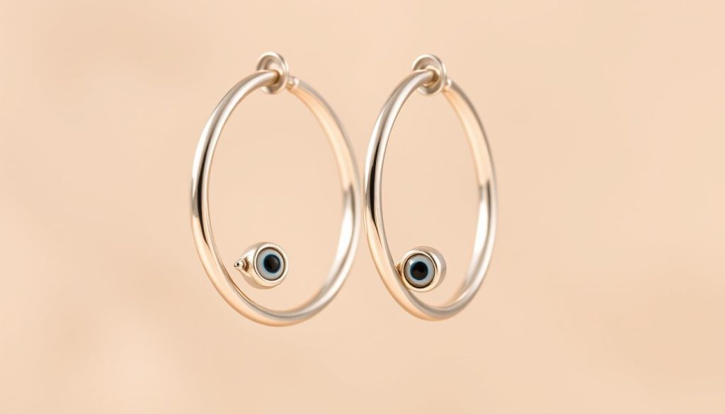 A pair of exquisite sterling silver hoops, meticulously crafted with a delicate evil eye charm. The hoops reflect the soft, warm light, their smooth surface gleaming like polished mirrors. The evil eye charm, a symbol of protection, sits nestled within the hoop, its intricate details accentuated by the shimmering metal. The hoops are suspended against a neutral, minimalist background, allowing the silver to take center stage and captivate the viewer's attention. The overall composition evokes a sense of elegance, sophistication, and the timeless appeal of this classic jewelry piece.