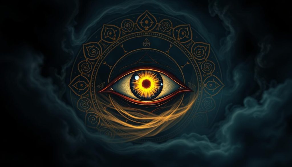 A piercing, all-seeing eye emerges from a swirling vortex of mystic symbols and ancient motifs. The iris glows with an unsettling golden hue, radiating an otherworldly power. Intricate patterns of spirals, hexagons, and hieroglyphic-like shapes frame the eye, creating a sense of mysticism and occult significance. The background is shrouded in deep, ominous shadows, heightening the sense of occult power and the unseen forces at work. Dramatic, moody lighting casts dramatic shadows and highlights the intricate details, lending a sense of depth and atmosphere to the scene. The overall impression is one of ancient, esoteric wisdom and the enduring power of this potent symbol across cultures. A piercing, all-seeing eye emerges from a swirling vortex of mystic symbols and ancient motifs. The iris glows with an unsettling golden hue, radiating an otherworldly power. Intricate patterns of spirals, hexagons, and hieroglyphic-like shapes frame the eye, creating a sense of mysticism and occult significance. The background is shrouded in deep, ominous shadows, heightening the sense of occult power and the unseen forces at work. Dramatic, moody lighting casts dramatic shadows and highlights the intricate details, lending a sense of depth and atmosphere to the scene. The overall impression is one of ancient, esoteric wisdom and the enduring power of this potent symbol across cultures.