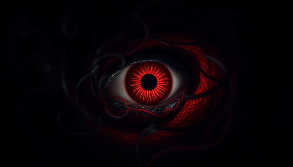 A piercing gaze emanating from a single, malevolent eye, surrounded by a swirling vortex of dark energy. The iris, a deep shade of ominous crimson, appears to bore into the viewer's soul, radiating a sense of envy and miserliness. Tendrils of shadowy tendrils curl and twist, creating an ominous atmosphere, as if the eye holds the power to curse and corrupt. The scene is illuminated by a dim, eerie light, casting an unsettling glow that heightens the sense of foreboding. The overall composition conveys the biblical notion of the "evil eye" – a malicious, envious glare that seeks to bring harm and misfortune to those who cross its path. A piercing gaze emanating from a single, malevolent eye, surrounded by a swirling vortex of dark energy. The iris, a deep shade of ominous crimson, appears to bore into the viewer's soul, radiating a sense of envy and miserliness. Tendrils of shadowy tendrils curl and twist, creating an ominous atmosphere, as if the eye holds the power to curse and corrupt. The scene is illuminated by a dim, eerie light, casting an unsettling glow that heightens the sense of foreboding. The overall composition conveys the biblical notion of the "evil eye" – a malicious, envious glare that seeks to bring harm and misfortune to those who cross its path.