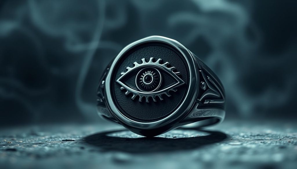 A powerful signet ring adorned with a detailed evil eye emblem, cast in gleaming silver and set against a moody, atmospheric backdrop. The eye is rendered with intricate detail, its piercing gaze emanating a sense of protection and warding off negative energies. The ring is captured in a dramatic low-angle perspective, creating a strong, commanding presence. Soft, dramatic lighting illuminates the sterling silver surface, casting dynamic shadows and highlights that imbue the piece with a serious, stoic demeanor. The surrounding environment is shrouded in a hazy, mystical ambiance, evoking a sense of ancient wisdom and arcane power. A powerful signet ring adorned with a detailed evil eye emblem, cast in gleaming silver and set against a moody, atmospheric backdrop. The eye is rendered with intricate detail, its piercing gaze emanating a sense of protection and warding off negative energies. The ring is captured in a dramatic low-angle perspective, creating a strong, commanding presence. Soft, dramatic lighting illuminates the sterling silver surface, casting dynamic shadows and highlights that imbue the piece with a serious, stoic demeanor. The surrounding environment is shrouded in a hazy, mystical ambiance, evoking a sense of ancient wisdom and arcane power.