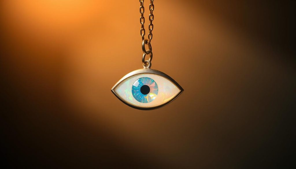 A radiant opal evil eye necklace suspended against a softly blurred background. The eye-shaped pendant glimmers with an iridescent sheen, captivating the viewer with its mysterious allure. Delicate metallic chains hold the pendant aloft, creating a sense of elegant suspension. Warm, diffused lighting casts subtle shadows, emphasizing the necklace's intricate details and the captivating play of light across the opal's surface. The overall mood is one of enchantment and subtle power, inviting the viewer to explore the symbolic significance of the evil eye talisman. A radiant opal evil eye necklace suspended against a softly blurred background. The eye-shaped pendant glimmers with an iridescent sheen, captivating the viewer with its mysterious allure. Delicate metallic chains hold the pendant aloft, creating a sense of elegant suspension. Warm, diffused lighting casts subtle shadows, emphasizing the necklace's intricate details and the captivating play of light across the opal's surface. The overall mood is one of enchantment and subtle power, inviting the viewer to explore the symbolic significance of the evil eye talisman.