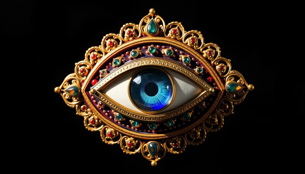 A richly ornate, highly detailed, and intricate evil eye symbol composed of vibrant, jewel-toned enamels, golden filigree, and semi-precious stones. The eye is set against a dark, moody backdrop with dramatic chiaroscuro lighting, casting deep shadows and highlights to create a sense of depth and dimension. The design is layered with multiple concentric circles and patterns, giving it a sense of depth and visual complexity. The overall effect is one of mystical power, ancient symbolism, and luxurious artisanship, perfectly suited to be stacked, layered, and sized across various applications. A richly ornate, highly detailed, and intricate evil eye symbol composed of vibrant, jewel-toned enamels, golden filigree, and semi-precious stones. The eye is set against a dark, moody backdrop with dramatic chiaroscuro lighting, casting deep shadows and highlights to create a sense of depth and dimension. The design is layered with multiple concentric circles and patterns, giving it a sense of depth and visual complexity. The overall effect is one of mystical power, ancient symbolism, and luxurious artisanship, perfectly suited to be stacked, layered, and sized across various applications.