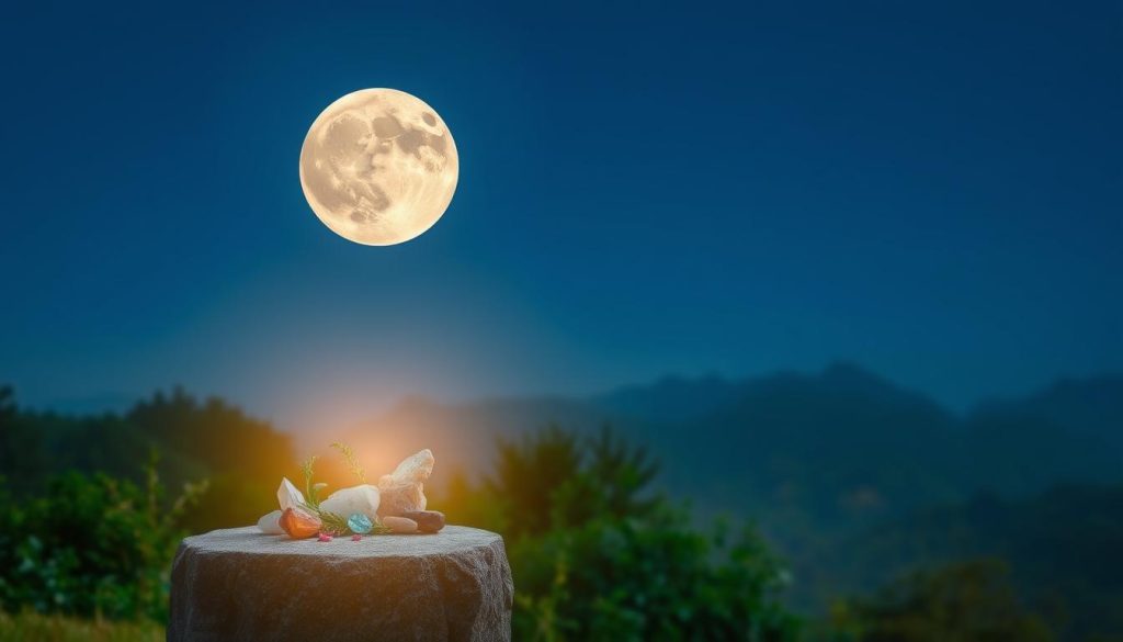 A serene full moon hangs in a clear, indigo sky, its soft, ethereal glow casting a warm, mystical light upon a tranquil outdoor scene. In the foreground, a natural stone altar or pedestal sits, adorned with crystals, herbs, and other spiritual accoutrements, inviting the viewer to engage in a ritualistic moon recharge. The middle ground features a lush, verdant garden or natural setting, with soft shadows and highlights creating a sense of depth and atmosphere. The background fades into a hazy, atmospheric distance, suggesting a secluded, private space for this sacred lunar ritual. The overall mood is one of contemplation, restoration, and the rejuvenating power of the moon's celestial energy. A serene full moon hangs in a clear, indigo sky, its soft, ethereal glow casting a warm, mystical light upon a tranquil outdoor scene. In the foreground, a natural stone altar or pedestal sits, adorned with crystals, herbs, and other spiritual accoutrements, inviting the viewer to engage in a ritualistic moon recharge. The middle ground features a lush, verdant garden or natural setting, with soft shadows and highlights creating a sense of depth and atmosphere. The background fades into a hazy, atmospheric distance, suggesting a secluded, private space for this sacred lunar ritual. The overall mood is one of contemplation, restoration, and the rejuvenating power of the moon's celestial energy.
