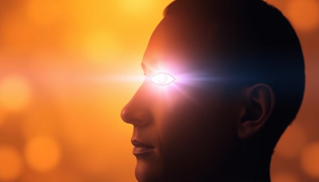 A serene, meditative representation of the third eye in Eastern philosophy. Against a softly blurred, warm-toned backdrop, a detailed depiction of a human face in profile, with a glowing, ethereal third eye emerging from the center of the forehead. Warm, gentle lighting illuminates the scene, casting a tranquil, contemplative mood. The third eye itself is rendered with precision, radiating a subtle energy, symbolizing heightened consciousness and spiritual awareness, not malevolence. The overall composition conveys a sense of introspection and connection to the inner self, reflecting the section's theme of the third eye as a tool for enlightenment, not a harbinger of evil. A serene, meditative representation of the third eye in Eastern philosophy. Against a softly blurred, warm-toned backdrop, a detailed depiction of a human face in profile, with a glowing, ethereal third eye emerging from the center of the forehead. Warm, gentle lighting illuminates the scene, casting a tranquil, contemplative mood. The third eye itself is rendered with precision, radiating a subtle energy, symbolizing heightened consciousness and spiritual awareness, not malevolence. The overall composition conveys a sense of introspection and connection to the inner self, reflecting the section's theme of the third eye as a tool for enlightenment, not a harbinger of evil.