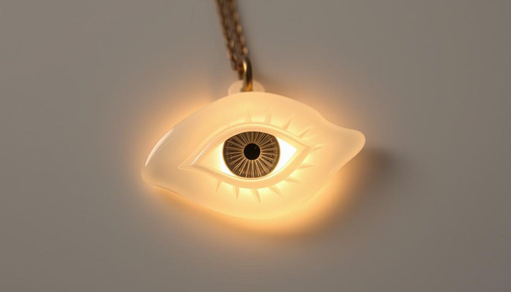 A serene, ornate white glass pendant in the shape of an eye, illuminated by a warm, ambient light. The surface is smooth and lustrous, casting delicate, ethereal shadows that dance across a neutral, minimalist background. The eye's gaze is tranquil yet powerful, radiating a sense of clarity and protection. The overall composition evokes a feeling of thoughtfulness, timelessness, and the quiet strength of a well-crafted, meaningful talisman. A serene, ornate white glass pendant in the shape of an eye, illuminated by a warm, ambient light. The surface is smooth and lustrous, casting delicate, ethereal shadows that dance across a neutral, minimalist background. The eye's gaze is tranquil yet powerful, radiating a sense of clarity and protection. The overall composition evokes a feeling of thoughtfulness, timelessness, and the quiet strength of a well-crafted, meaningful talisman.