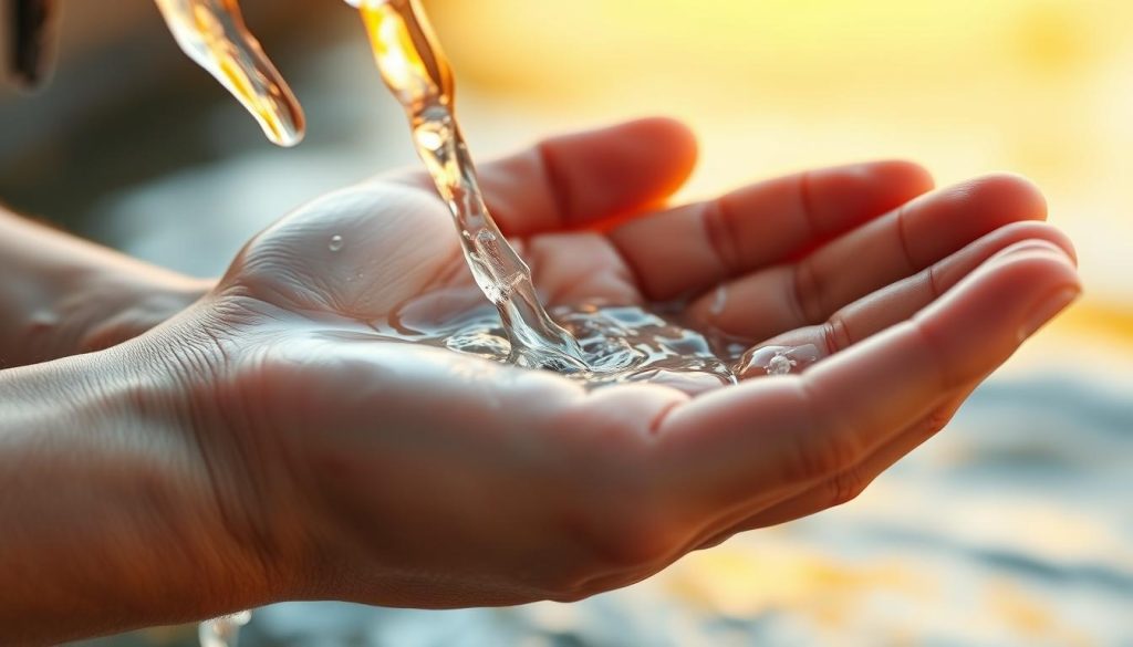 A serene, well-lit close-up of a hand gently cupping a stream of crystal-clear running water, with the water effortlessly flowing through the fingers. The background is blurred, creating a sense of focus on the captivating movement of the water. Warm, natural lighting illuminates the scene, highlighting the water's reflections and the delicate skin texture. The image conveys a tranquil, cleansing atmosphere, suitable for a ritual of spiritual purification. A serene, well-lit close-up of a hand gently cupping a stream of crystal-clear running water, with the water effortlessly flowing through the fingers. The background is blurred, creating a sense of focus on the captivating movement of the water. Warm, natural lighting illuminates the scene, highlighting the water's reflections and the delicate skin texture. The image conveys a tranquil, cleansing atmosphere, suitable for a ritual of spiritual purification.