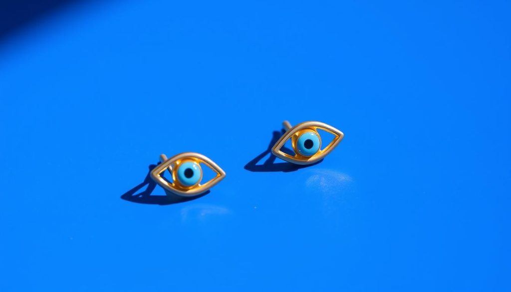 A set of gold metal studs in the shape of an evil eye, resting against a vibrant blue enamel backdrop. The studs are positioned at a slight angle, casting subtle shadows that add depth and dimension. The lighting is warm and natural, accentuating the sheen of the gold and the vivid hue of the enamel. The overall composition is clean and minimalist, allowing the pop of color and the symbolic motif to take center stage. The mood is one of everyday protection and stylish elegance, reflecting the section title "Everyday protection with pop-of-color style".