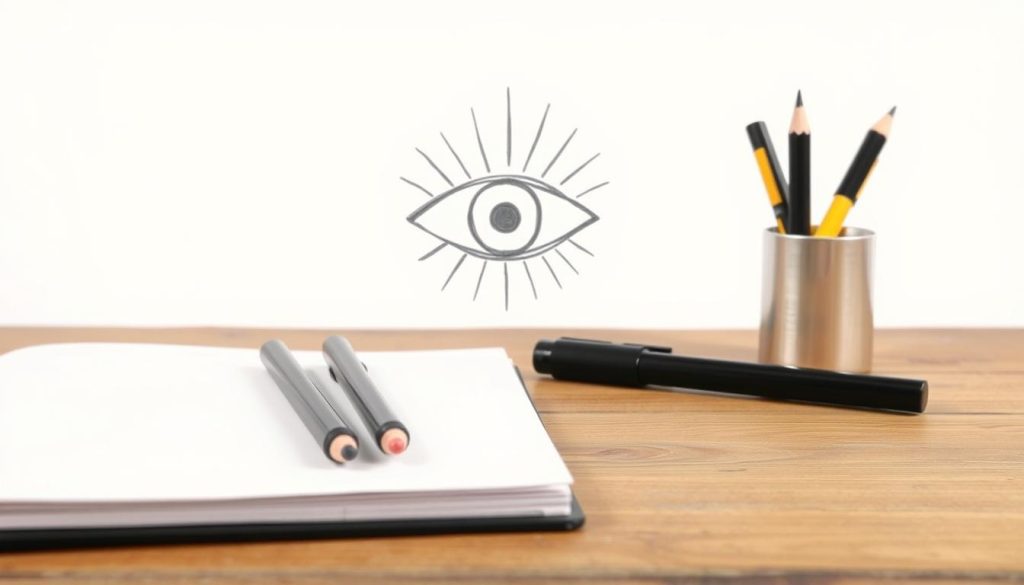 A simple, hand-drawn sketch of a basic set of art supplies and an inspirational "evil eye" symbol. The foreground features a sketchpad, pencils, and a black marker, arranged neatly on a wooden surface. The middle ground showcases a delicate, minimalist line drawing of an eye with a striking pupil, radiating an ominous yet alluring energy. The background is a soft, muted gradient, allowing the subject to take center stage. The overall composition conveys a sense of focus, creativity, and a touch of the mystical, setting the stage for a step-by-step guide on drawing an evil eye. A simple, hand-drawn sketch of a basic set of art supplies and an inspirational "evil eye" symbol. The foreground features a sketchpad, pencils, and a black marker, arranged neatly on a wooden surface. The middle ground showcases a delicate, minimalist line drawing of an eye with a striking pupil, radiating an ominous yet alluring energy. The background is a soft, muted gradient, allowing the subject to take center stage. The overall composition conveys a sense of focus, creativity, and a touch of the mystical, setting the stage for a step-by-step guide on drawing an evil eye.