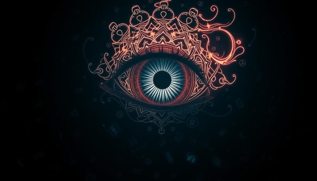 A sinister, glowing eye peers from a shadowy, digital landscape. Intricate, ethereal patterns swirl around the iris, conveying an ominous, hypnotic power. In the background, a jumble of social media icons, scattered selfies, and disembodied emojis hint at the envy and oversharing that can fuel the modern "evil eye." The lighting is dramatic, with stark contrasts and a sense of unseen menace. The composition is asymmetrical, creating an off-kilter, unsettling effect. The overall atmosphere is one of modern technological anxiety, where the ancient superstition of the evil eye takes on new, haunting relevance. A sinister, glowing eye peers from a shadowy, digital landscape. Intricate, ethereal patterns swirl around the iris, conveying an ominous, hypnotic power. In the background, a jumble of social media icons, scattered selfies, and disembodied emojis hint at the envy and oversharing that can fuel the modern "evil eye." The lighting is dramatic, with stark contrasts and a sense of unseen menace. The composition is asymmetrical, creating an off-kilter, unsettling effect. The overall atmosphere is one of modern technological anxiety, where the ancient superstition of the evil eye takes on new, haunting relevance.
