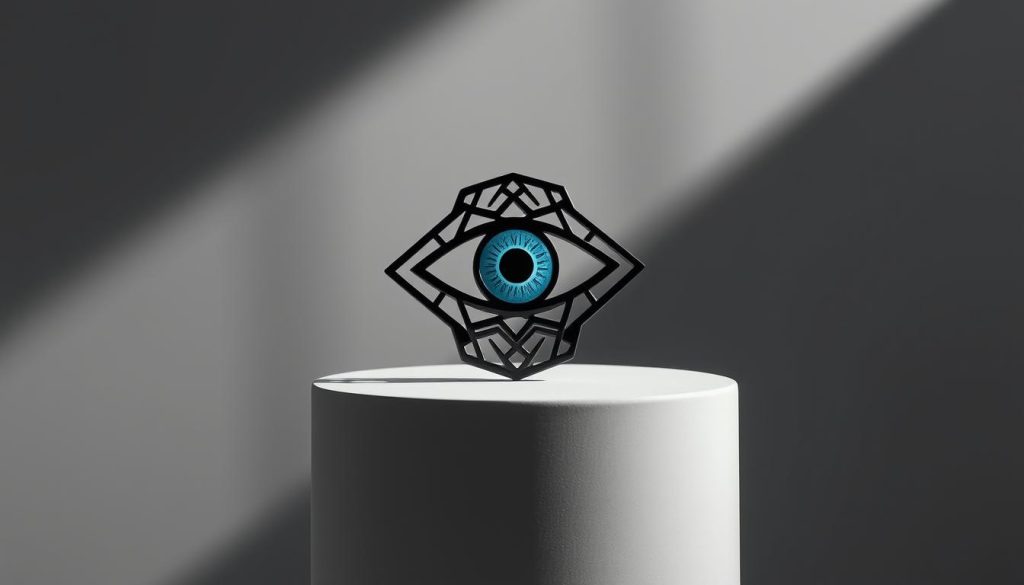 A sleek and stylized depiction of an intricate evil eye talisman, precisely fitted and stacked atop a minimalist pedestal. High-contrast lighting casts dramatic shadows, accentuating the talisman's bold, geometric design. The eye's piercing gaze emanates an ominous yet captivating presence, commanding attention. The overall composition conveys a sense of power, protection, and personal empowerment, reflecting the section's theme of harnessing the evil eye's strength. Captured through a wide-angle lens, the image fills the frame, creating an immersive and visually striking visual aid for the article. A sleek and stylized depiction of an intricate evil eye talisman, precisely fitted and stacked atop a minimalist pedestal. High-contrast lighting casts dramatic shadows, accentuating the talisman's bold, geometric design. The eye's piercing gaze emanates an ominous yet captivating presence, commanding attention. The overall composition conveys a sense of power, protection, and personal empowerment, reflecting the section's theme of harnessing the evil eye's strength. Captured through a wide-angle lens, the image fills the frame, creating an immersive and visually striking visual aid for the article.