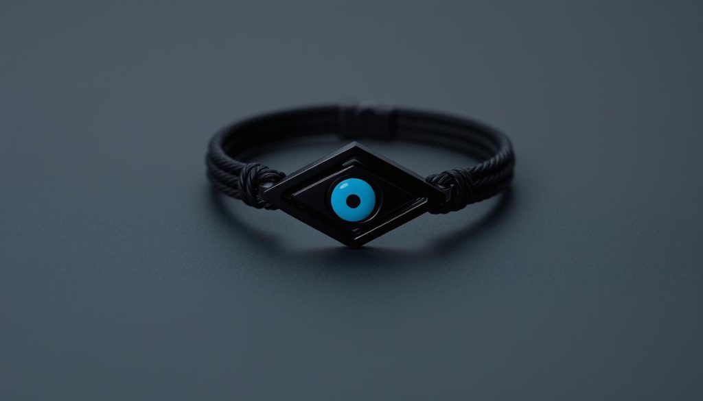 A sleek, minimalist black evil eye bracelet resting on a dark, smooth surface. The bracelet is made of high-quality materials, with a bold, geometric design that exudes a sense of power and protection. The lighting is soft and diffused, casting subtle shadows that accentuate the bracelet's intricate details. The composition is clean and centered, allowing the bracelet to be the sole focus of the image. The overall mood is one of confidence, elegance, and a hint of mysticism, reflecting the symbolism and significance of the evil eye. A sleek, minimalist black evil eye bracelet resting on a dark, smooth surface. The bracelet is made of high-quality materials, with a bold, geometric design that exudes a sense of power and protection. The lighting is soft and diffused, casting subtle shadows that accentuate the bracelet's intricate details. The composition is clean and centered, allowing the bracelet to be the sole focus of the image. The overall mood is one of confidence, elegance, and a hint of mysticism, reflecting the symbolism and significance of the evil eye.