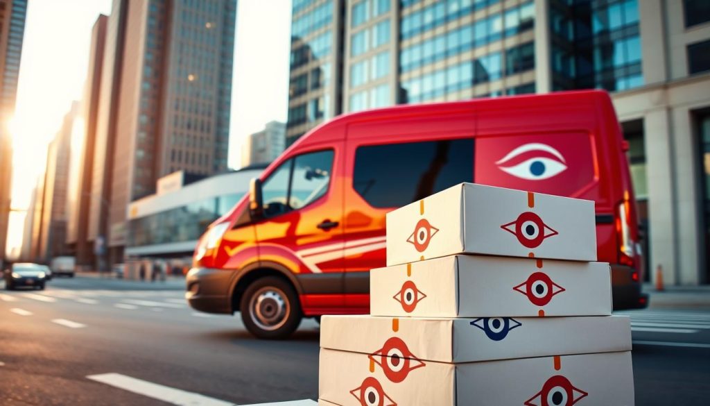 A sleek, modern courier van speeds down a city street, its bright red exterior gleaming in the warm, golden afternoon light. The side of the van displays the logo of a reputable shipping company, signaling reliable and swift package delivery. In the foreground, a stack of neatly packaged boxes waits to be loaded, their crisp white exteriors adorned with the colorful symbols of friendship bracelets and the iconic evil eye motif. The background features a bustling urban landscape, with towering skyscrapers and a hint of blue sky peeking through the gaps between buildings, conveying a sense of efficiency and accessibility. The scene exudes a mood of convenience, trustworthiness, and a touch of whimsy, perfectly capturing the essence of "Fast shipping, easy returns." A sleek, modern courier van speeds down a city street, its bright red exterior gleaming in the warm, golden afternoon light. The side of the van displays the logo of a reputable shipping company, signaling reliable and swift package delivery. In the foreground, a stack of neatly packaged boxes waits to be loaded, their crisp white exteriors adorned with the colorful symbols of friendship bracelets and the iconic evil eye motif. The background features a bustling urban landscape, with towering skyscrapers and a hint of blue sky peeking through the gaps between buildings, conveying a sense of efficiency and accessibility. The scene exudes a mood of convenience, trustworthiness, and a touch of whimsy, perfectly capturing the essence of "Fast shipping, easy returns."