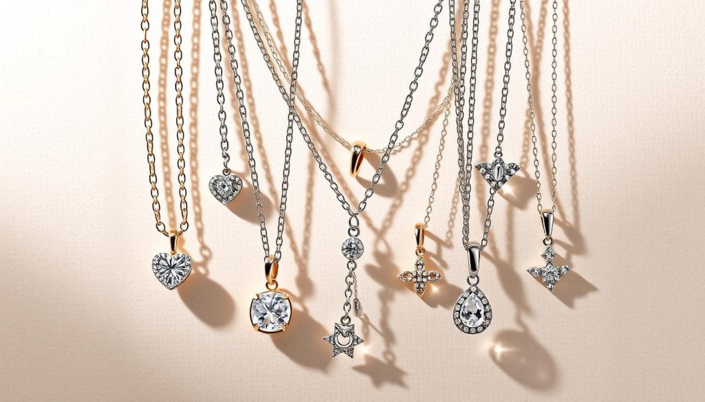 A sophisticated arrangement of delicate necklaces, elegantly stacked and layered against a soft, neutral backdrop. Captivating cubic zirconia charms and intricate pendant designs catch the light, creating a sparkling, high-end aesthetic. The necklaces are positioned at varying heights, with some draped gracefully and others standing out in bold relief, showcasing their individual styles and sizes. Subtle shadows add depth and dimension, while gentle, diffused lighting lends a sense of refined sophistication. This visually compelling tableau invites the viewer to imagine the endless ways these versatile accessories can be styled to enhance any look. A sophisticated arrangement of delicate necklaces, elegantly stacked and layered against a soft, neutral backdrop. Captivating cubic zirconia charms and intricate pendant designs catch the light, creating a sparkling, high-end aesthetic. The necklaces are positioned at varying heights, with some draped gracefully and others standing out in bold relief, showcasing their individual styles and sizes. Subtle shadows add depth and dimension, while gentle, diffused lighting lends a sense of refined sophistication. This visually compelling tableau invites the viewer to imagine the endless ways these versatile accessories can be styled to enhance any look.