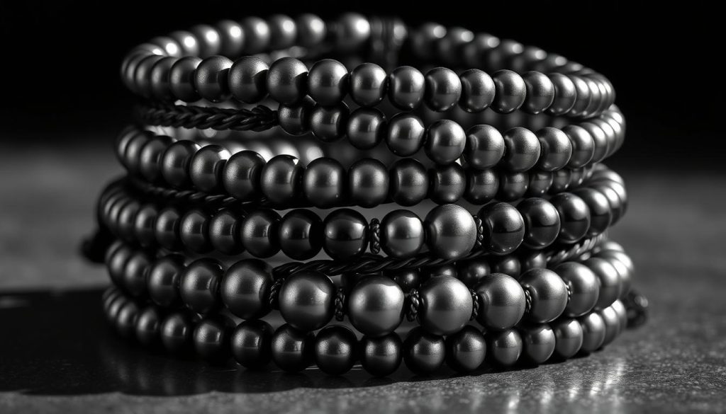 A stack of masculine, handcrafted beaded bracelets in various shades of silver and gunmetal, their sleek, metallic surfaces catching the light elegantly. The beads are smooth and rounded, strung together with sturdy, textured cords, creating an eye-catching, layered accessory. The bracelets are arranged in a dynamic, overlapping composition, casting subtle shadows and reflections, exuding a sense of confidence and understated style. Dramatic, directional lighting illuminates the intricate details, lending depth and dimension to the scene. Shot from a low, slightly angled perspective to accentuate the bold, masculine presence of the jewelry.