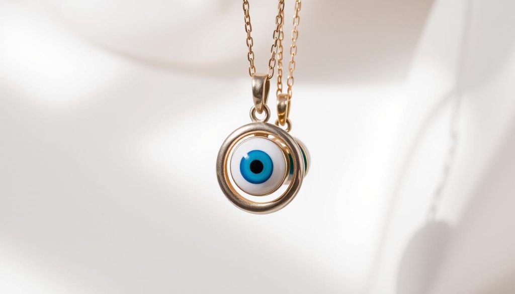 A stack of three gleaming evil eye pendants, each a different size, hangs against a soft, diffused backdrop. The largest pendant rests at the center, flanked by a medium and smaller pendant, forming a graduated arrangement. Delicate chains connect the pieces, creating a layered, harmonious composition. Soft, directional lighting casts gentle shadows, accentuating the intricate details and contours of the enameled eyes. The overall scene evokes a sense of balance, subtle elegance, and the protective, mystical power of the evil eye symbol. A stack of three gleaming evil eye pendants, each a different size, hangs against a soft, diffused backdrop. The largest pendant rests at the center, flanked by a medium and smaller pendant, forming a graduated arrangement. Delicate chains connect the pieces, creating a layered, harmonious composition. Soft, directional lighting casts gentle shadows, accentuating the intricate details and contours of the enameled eyes. The overall scene evokes a sense of balance, subtle elegance, and the protective, mystical power of the evil eye symbol.