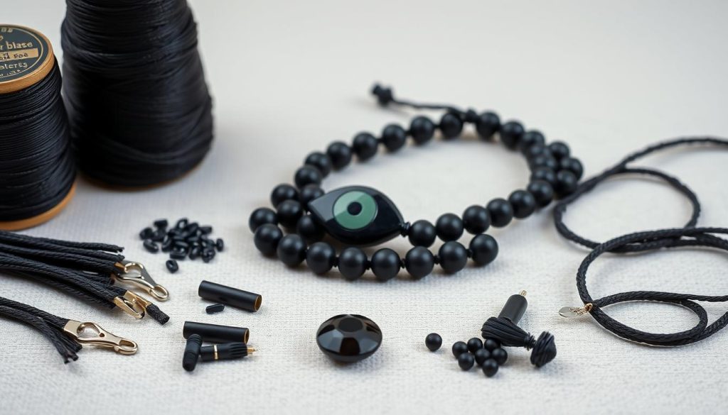 A still life arrangement of materials used in the crafting of a minimalist and bold black evil eye bracelet. In the foreground, a selection of high-quality thread, waxed cord, and findings such as clasps and crimp beads, all in matte black finishes. The middle ground features the main components - a strand of faceted black onyx beads and a carved black obsidian evil eye charm, set against a soft, diffused light. In the background, a subtle textured surface, perhaps linen or suede, provides a neutral backdrop that enhances the elegance and simplicity of the materials. The overall mood is one of understated sophistication, with careful attention to detail and quality. A still life arrangement of materials used in the crafting of a minimalist and bold black evil eye bracelet. In the foreground, a selection of high-quality thread, waxed cord, and findings such as clasps and crimp beads, all in matte black finishes. The middle ground features the main components - a strand of faceted black onyx beads and a carved black obsidian evil eye charm, set against a soft, diffused light. In the background, a subtle textured surface, perhaps linen or suede, provides a neutral backdrop that enhances the elegance and simplicity of the materials. The overall mood is one of understated sophistication, with careful attention to detail and quality.