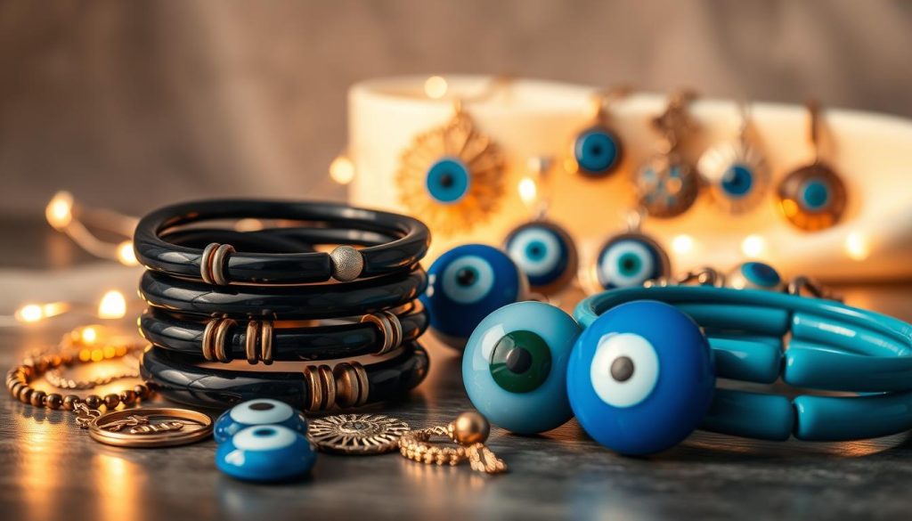 A still life arrangement showcasing an array of evil eye jewelry, styled with intention. In the foreground, a series of bracelets in varying sizes and hues, from sleek onyx to vibrant blue, strategically layered and stacked to create visual depth and intrigue. The middle ground features a selection of amulets and pendants, their intricate designs and symbols casting a protective gaze. The background is softly illuminated, a warm, ethereal glow highlighting the mystical essence of the evil eye motif. The overall composition radiates a sense of balance, harmony, and the power of this ancient apotropaic symbol. A still life arrangement showcasing an array of evil eye jewelry, styled with intention. In the foreground, a series of bracelets in varying sizes and hues, from sleek onyx to vibrant blue, strategically layered and stacked to create visual depth and intrigue. The middle ground features a selection of amulets and pendants, their intricate designs and symbols casting a protective gaze. The background is softly illuminated, a warm, ethereal glow highlighting the mystical essence of the evil eye motif. The overall composition radiates a sense of balance, harmony, and the power of this ancient apotropaic symbol.