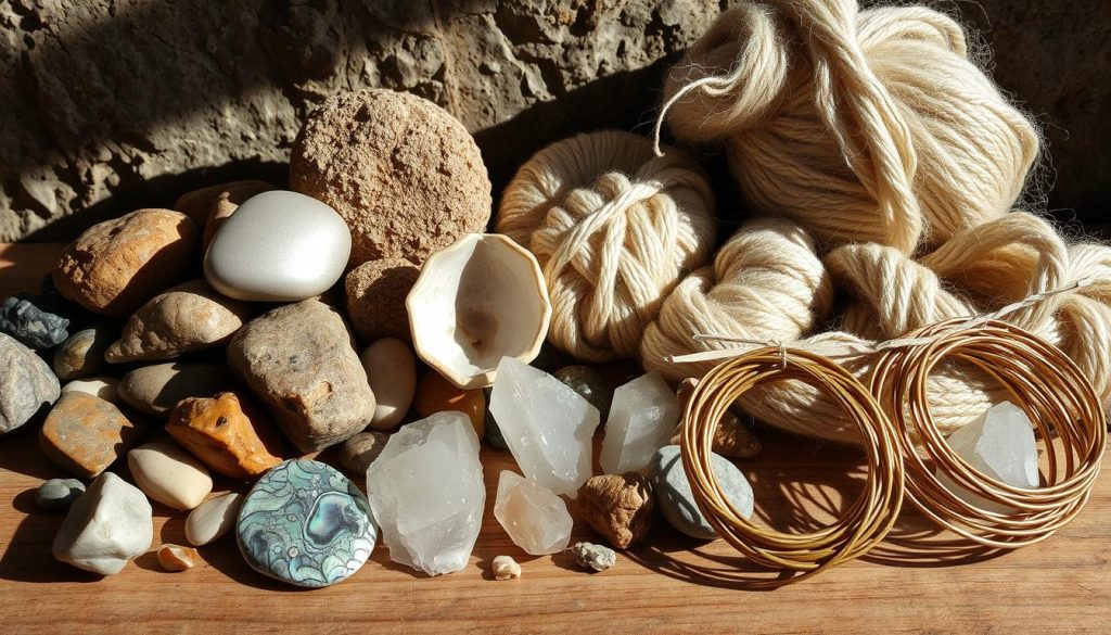 A still life arrangement showcasing an array of raw, natural materials: polished river stones, iridescent abalone shells, skeins of soft-spun wool, delicate quartz crystals, and coils of hand-twisted brass wire. These elemental components are artfully positioned against a backdrop of earthy textures, perhaps a pitted granite surface or a worn wooden tabletop, bathed in warm, directional lighting that casts dramatic shadows. The overall mood is one of understated sophistication, highlighting the inherent beauty and craftsmanship of these carefully selected materials.
