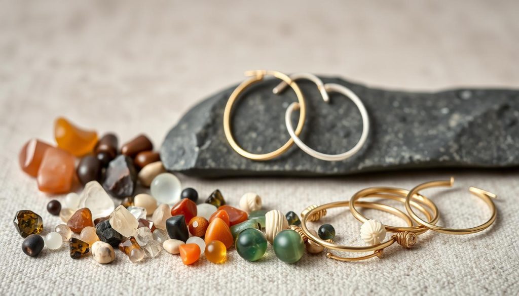 A still life arrangement showcasing an assortment of high-quality materials used in hoop earring crafting. In the foreground, a variety of natural gemstones, semi-precious beads, and metal components are elegantly displayed on a neutral-toned textured surface. The middle ground features a selection of delicate brass, gold-filled, and sterling silver hoops in varying sizes and designs. The background is softly blurred, creating a sense of depth and emphasizing the textures and details of the materials. The lighting is soft and even, accentuating the natural beauty and artisanal quality of the components. The overall mood is one of understated elegance, inviting the viewer to appreciate the craftsmanship and versatility of the materials.