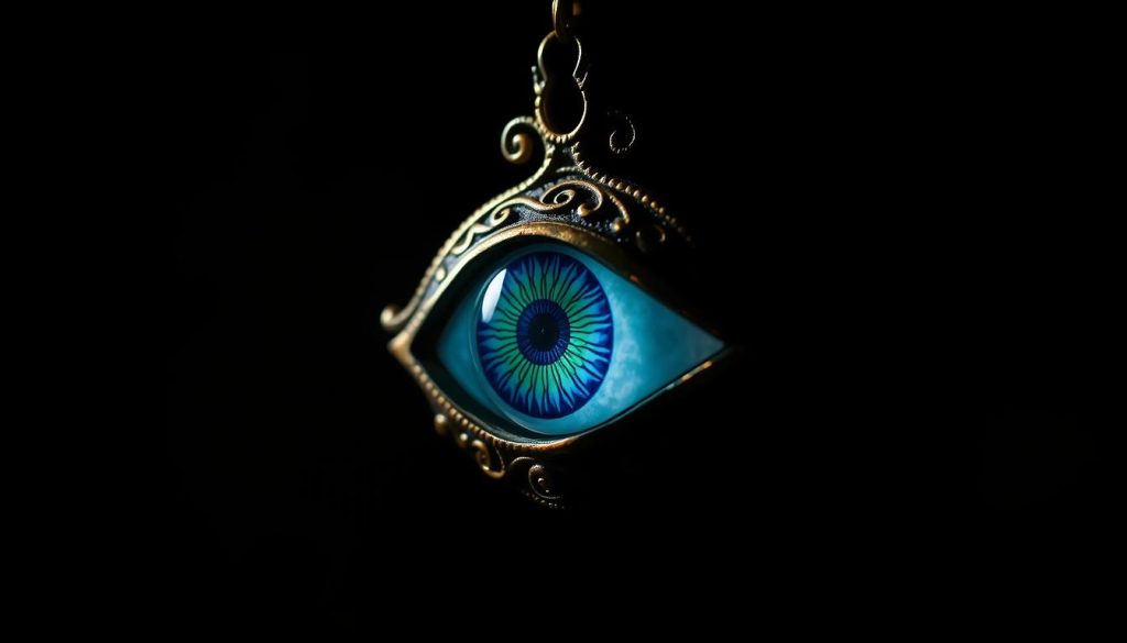 A striking close-up of an ornate evil eye pendant hanging against a dark, moody background. The eye is detailed and mesmerizing, crafted with intricate patterns and swirls of blues, greens, and gold. The pendant casts a mystical, protective glow, its shape and shadows creating a sense of depth and dimension. Dramatic lighting from the side accentuates the pendant's sculptural form, while the surrounding darkness heightens the amulet's brooding, supernatural allure. A sense of ancient power and spiritual energy radiates from the captivating evil eye design. A striking close-up of an ornate evil eye pendant hanging against a dark, moody background. The eye is detailed and mesmerizing, crafted with intricate patterns and swirls of blues, greens, and gold. The pendant casts a mystical, protective glow, its shape and shadows creating a sense of depth and dimension. Dramatic lighting from the side accentuates the pendant's sculptural form, while the surrounding darkness heightens the amulet's brooding, supernatural allure. A sense of ancient power and spiritual energy radiates from the captivating evil eye design.