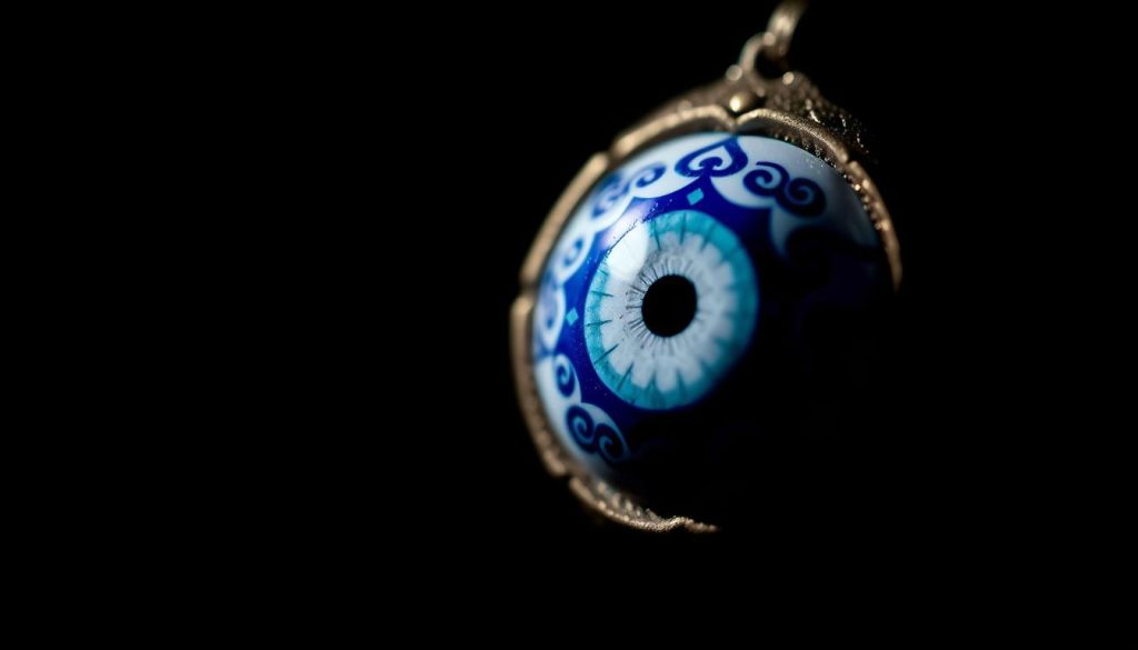 A striking close-up view of an "evil eye" amulet, capturing the intricate details and symbolic significance. The vibrant blue and white hues of the eye are set against a dark, shadowy background, creating an ominous and mystical atmosphere. The eye's intense gaze is accentuated by delicate patterns and intricate designs, reflecting the rich cultural heritage and beliefs associated with this ancient apotropaic symbol. The image is shot with a shallow depth of field, drawing the viewer's attention to the captivating eye and its mesmerizing power. Soft, dramatic lighting casts dramatic shadows, further enhancing the symbolic and enigmatic nature of this sacred talisman.