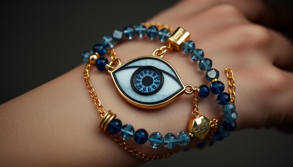 A striking evil eye design takes center stage, adorning the wrist with intentional style. Delicate glass beads in shades of blue and silver swirl together, creating a mesmerizing pattern that draws the eye. The eye's intricate details are rendered with precision, its piercing gaze conveying a sense of protection and power. Surrounding the focal point, a layered arrangement of gold-toned charms and chains adds depth and visual interest, creating a harmonious, high-fashion aesthetic. Soft, diffused lighting highlights the gleaming metallic accents, while a slight angle captures the bracelet's elegant drape against the skin. The overall mood is one of refined elegance, where the wearer's personal style and spiritual beliefs seamlessly converge. A striking evil eye design takes center stage, adorning the wrist with intentional style. Delicate glass beads in shades of blue and silver swirl together, creating a mesmerizing pattern that draws the eye. The eye's intricate details are rendered with precision, its piercing gaze conveying a sense of protection and power. Surrounding the focal point, a layered arrangement of gold-toned charms and chains adds depth and visual interest, creating a harmonious, high-fashion aesthetic. Soft, diffused lighting highlights the gleaming metallic accents, while a slight angle captures the bracelet's elegant drape against the skin. The overall mood is one of refined elegance, where the wearer's personal style and spiritual beliefs seamlessly converge.